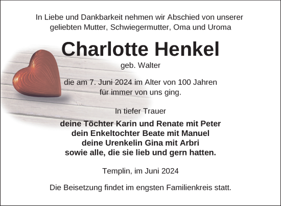 Traueranzeige von Charlotte Henkel von Uckermark Kurier Templiner Zeitung