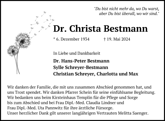 Traueranzeige von Christa Bestmann von Uckermark Kurier Templiner Zeitung