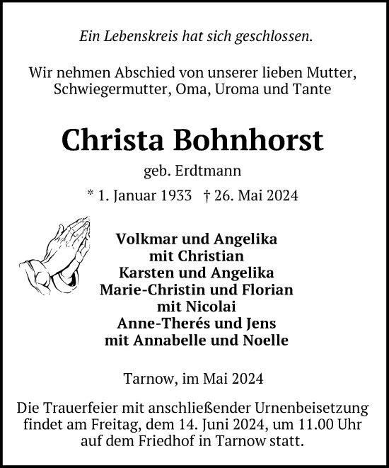 Traueranzeige von Christa Bohnhorst von Güstrow und Bützow