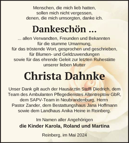 Traueranzeige von Christa Dahnke von Nordkurier Neubrandenburger Zeitung