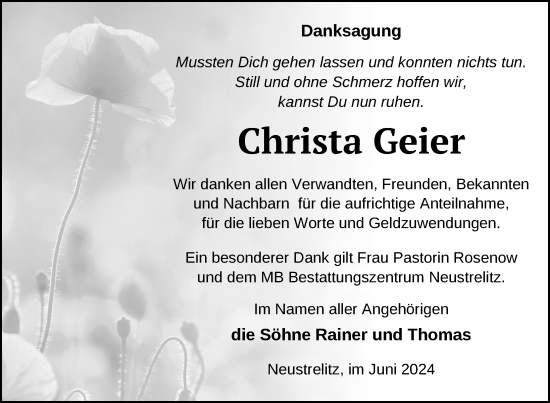 Traueranzeige von Christa Geier von Nordkurier Strelitzer Zeitung