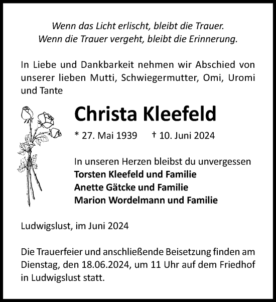 Traueranzeige von Christa Kleefeld von Ludwigsluster Tageblatt