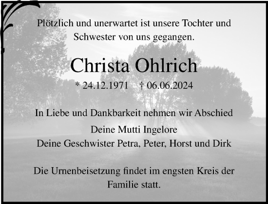 Traueranzeige von Christa Ohlrich von Norddeutsche Neueste Nachrichten