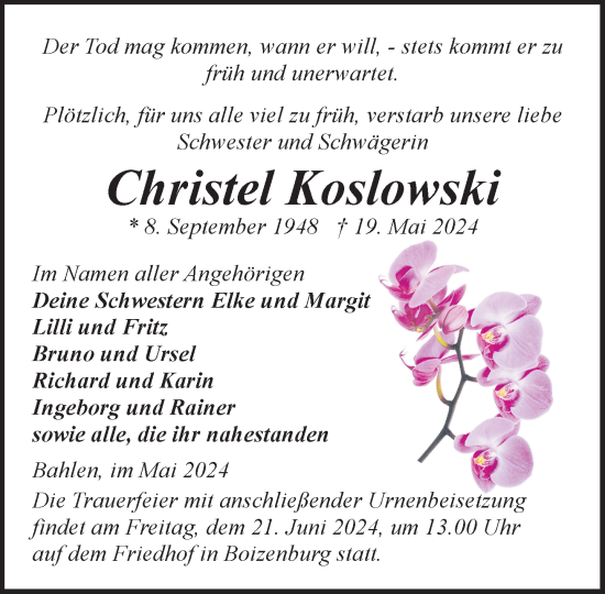 Traueranzeige von Christel Koslowski 