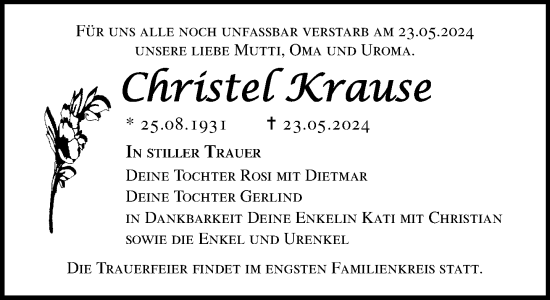 Traueranzeige von Christel Krause 