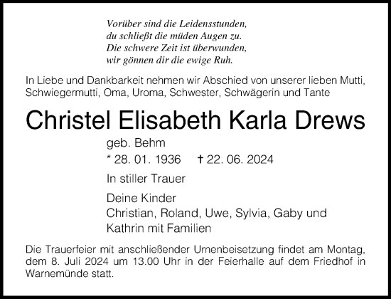 Traueranzeige von Christel Elisabeth Karla Drews von Norddeutsche Neueste Nachrichten