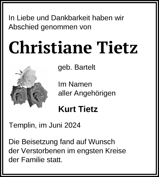 Traueranzeige von Christiane Tietz von Uckermark Kurier Templiner Zeitung