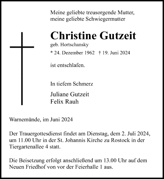 Traueranzeige von Christine Gutzeit von Norddeutsche Neueste Nachrichten