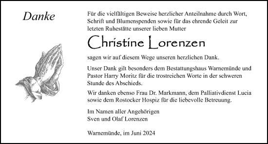 Traueranzeige von Christine Lorenzen von Norddeutsche Neueste Nachrichten