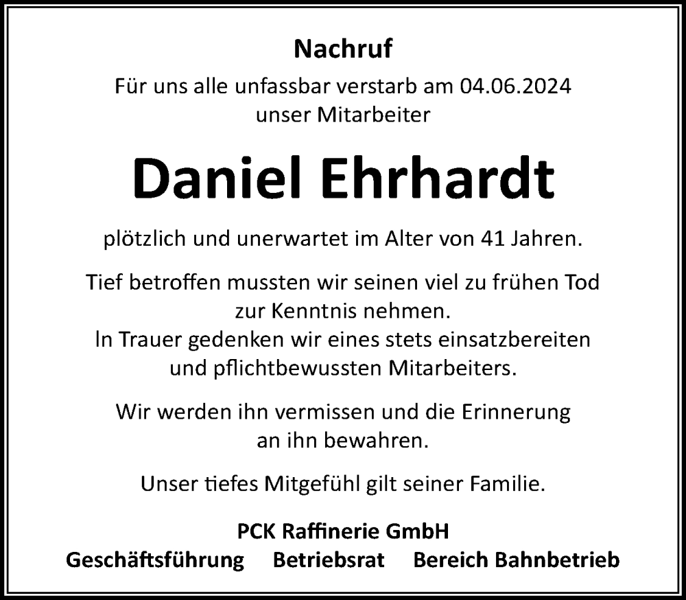  Traueranzeige für Daniel  Ehrhardt vom 22.06.2024 aus Uckermark Kurier Prenzlauer Zeitung