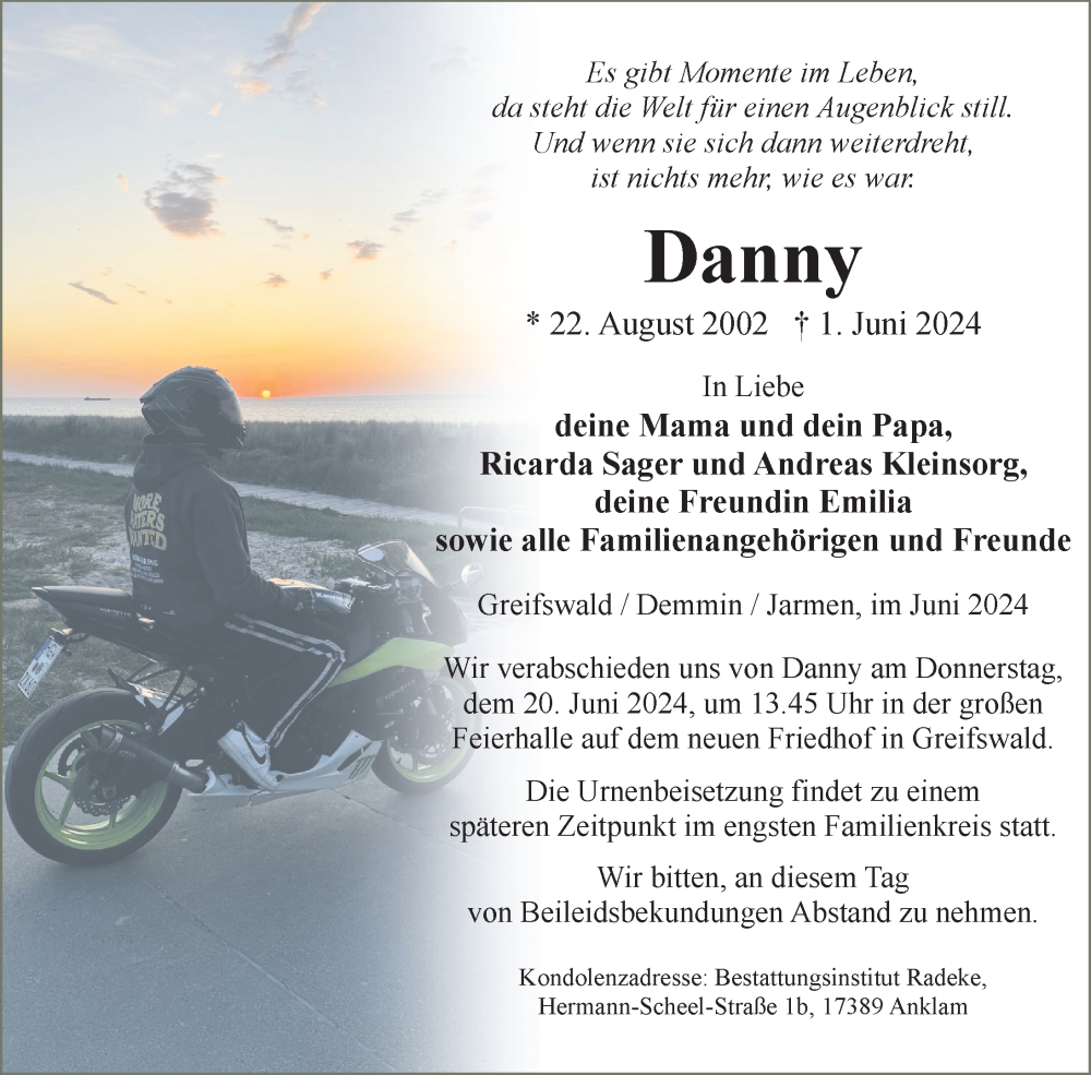  Traueranzeige für Danny  vom 15.06.2024 aus Nordkurier Vorpommern Kurier