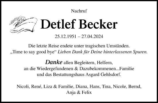 Traueranzeige von Detlef Becker von Norddeutsche Neueste Nachrichten