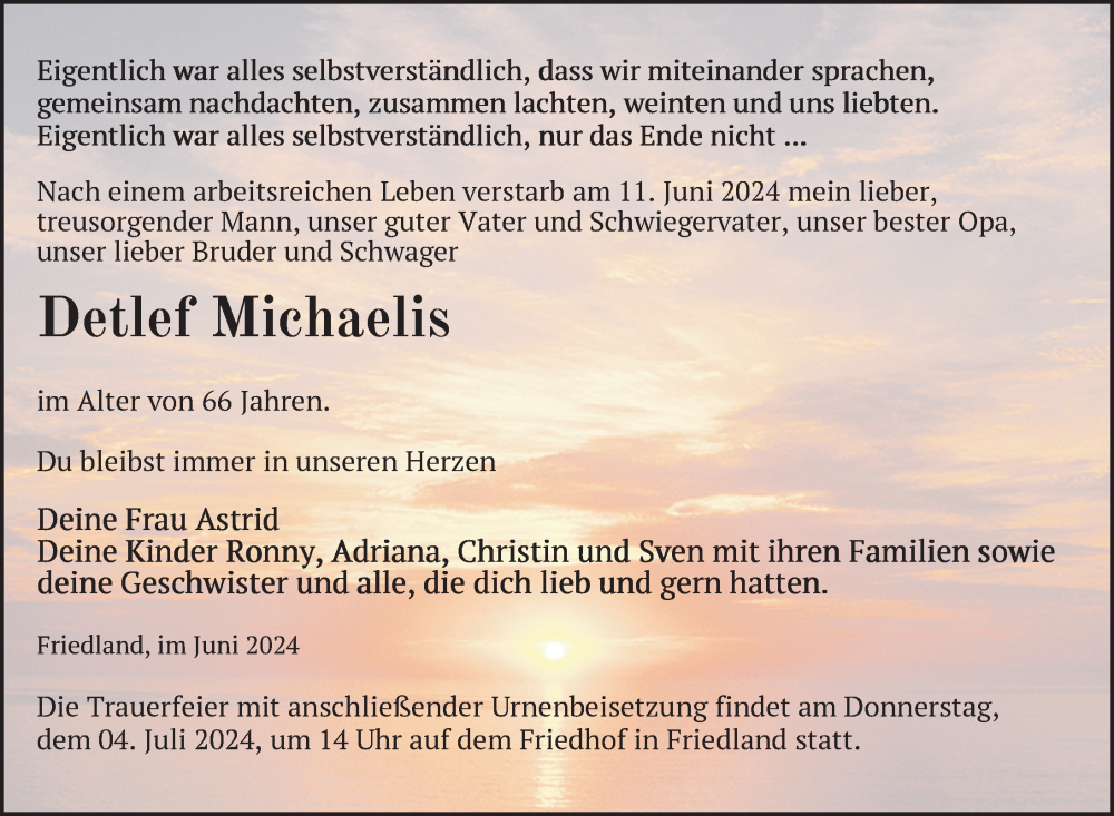  Traueranzeige für Detlef Michaelis vom 18.06.2024 aus Nordkurier Neubrandenburger Zeitung