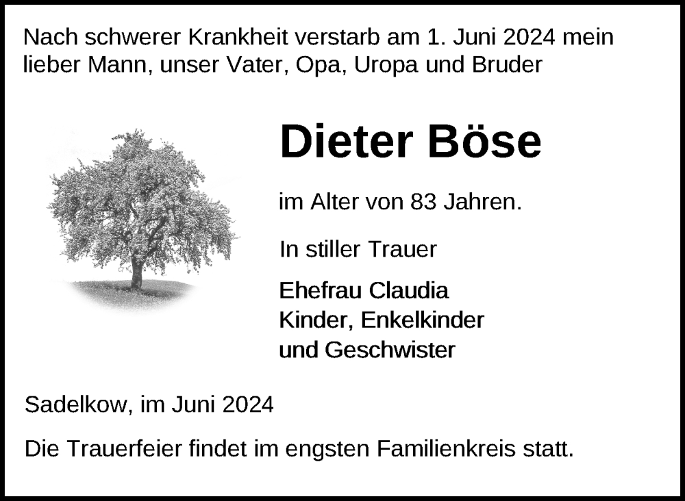  Traueranzeige für Dieter Böse vom 08.06.2024 aus Nordkurier Neubrandenburger Zeitung