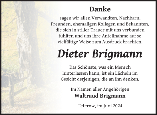 Traueranzeige von Dieter Brigmann von Nordkurier Mecklenburger Schweiz