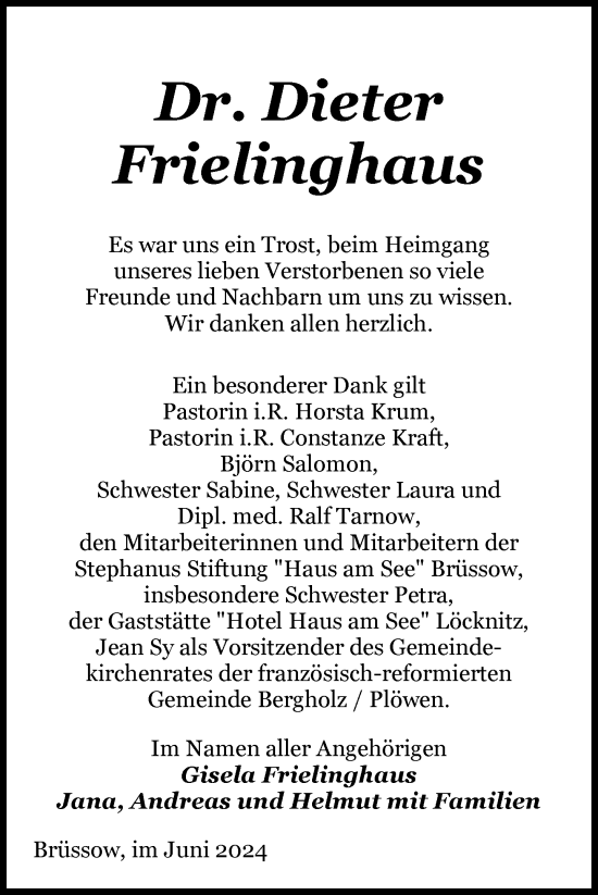 Traueranzeige von Dieter Frielinghaus von Uckermark Kurier Prenzlauer Zeitung