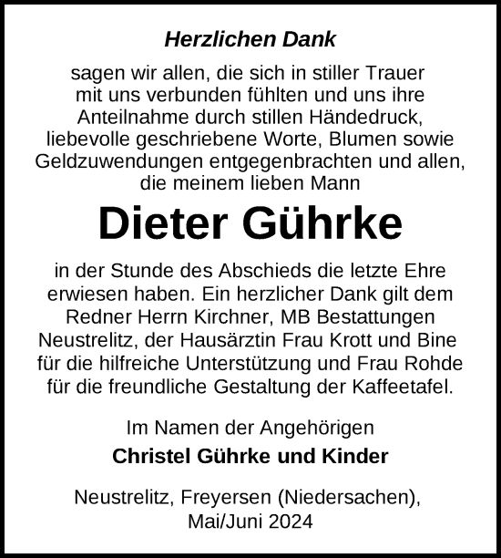 Traueranzeige von Dieter Gührke von Nordkurier Strelitzer Zeitung