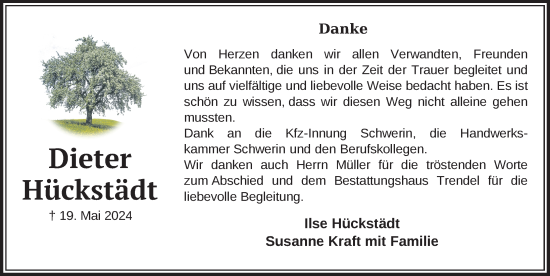Traueranzeige von Dieter Hückstädt von Zeitung für die Landeshauptstadt