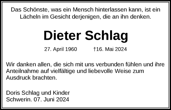 Traueranzeige von Dieter Schlag 