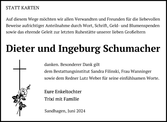 Traueranzeige von Dieter und Ingeburg Schumacher von Nordkurier Neubrandenburger Zeitung