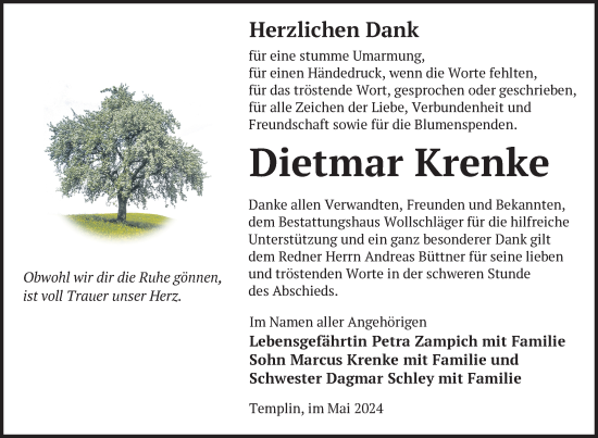 Traueranzeige von Dietmar Krenke von Uckermark Kurier Templiner Zeitung