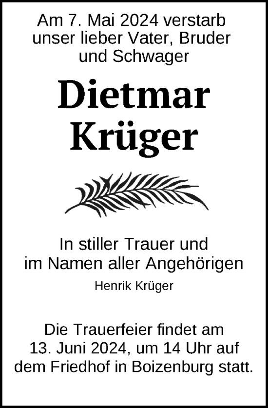 Traueranzeige von Dietmar Krüger 