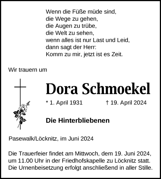 Traueranzeige von Dora Schmoekel von Nordkurier Pasewalker Zeitung