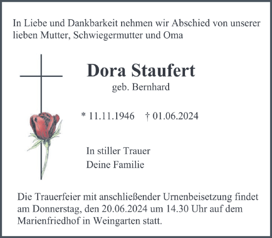 Traueranzeige von Dora Staufert 