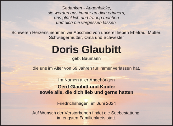 Traueranzeige von Doris Glaubitt von Nordkurier Haff-Zeitung