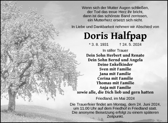 Traueranzeige von Doris Halfpap von Nordkurier Neubrandenburger Zeitung