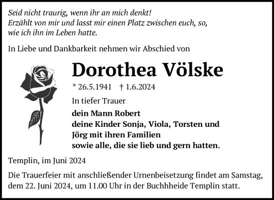 Traueranzeige von Dorothea Völske von Uckermark Kurier Templiner Zeitung