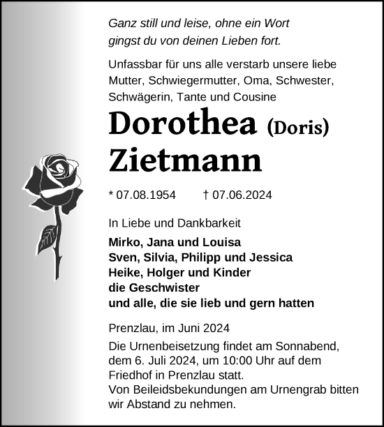 Traueranzeige von Dorothea Zietmann von Uckermark Kurier Prenzlauer Zeitung