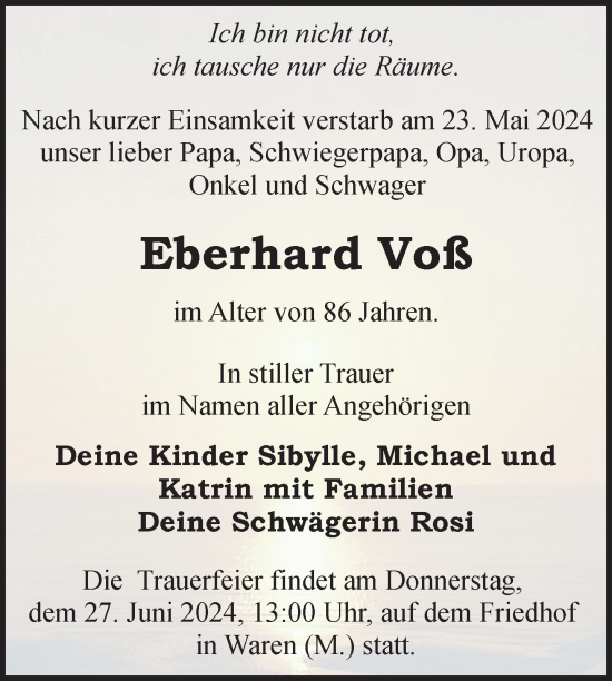 Traueranzeige von Eberhard Voß von Nordkurier Müritz-Zeitung