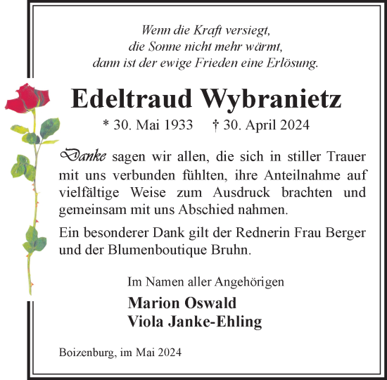 Traueranzeige von Edeltraud Wybranietz von Hagenower Kreisblatt