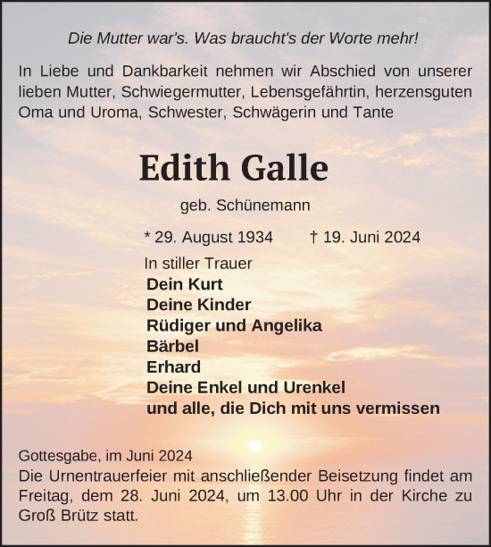 Traueranzeige von Edith Galle von Gadebusch - Rehnaer Zeitung