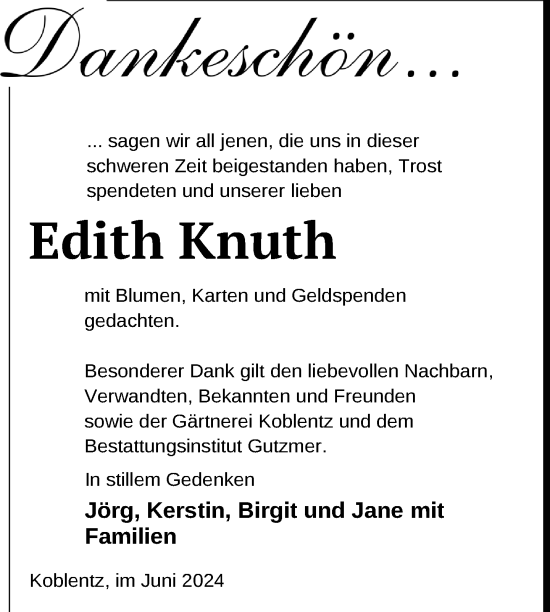 Traueranzeige von Edith Knuth von Nordkurier Pasewalker Zeitung