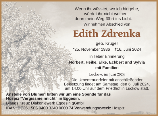 Traueranzeige von Edith Zdrenka von Nordkurier Haff-Zeitung