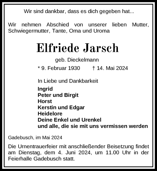 Traueranzeige von Elfriede Jarsch 