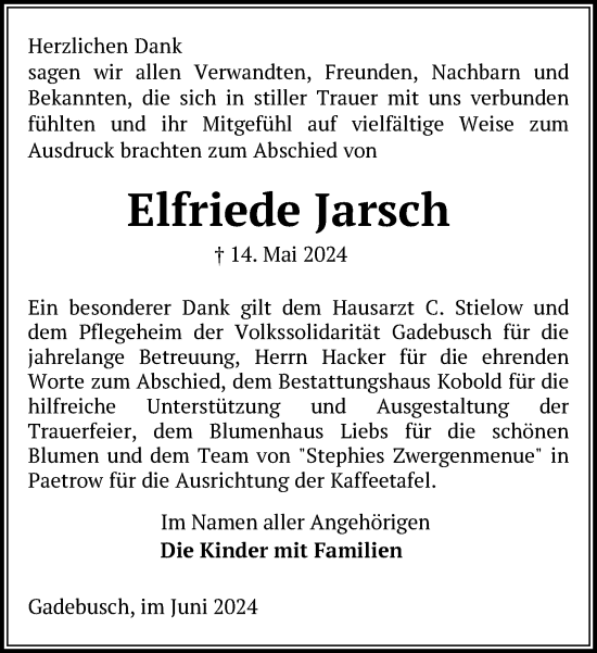 Traueranzeige von Elfriede Jarsch 