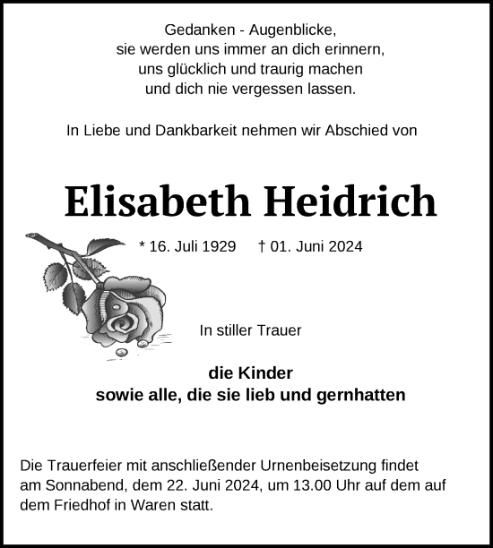 Traueranzeige von Elisabeth Heidrich von Nordkurier Müritz-Zeitung