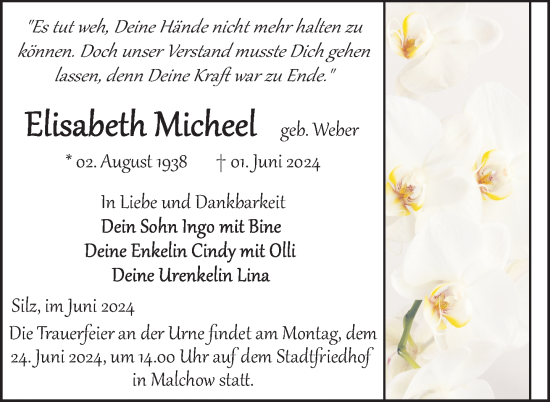 Traueranzeige von Elisabeth Micheel 