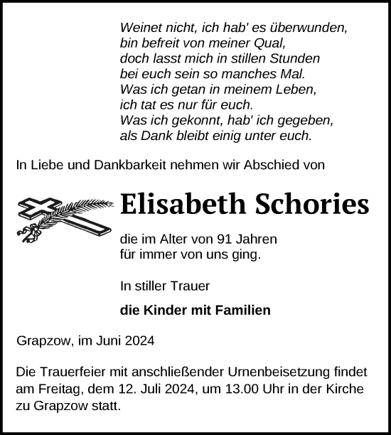 Traueranzeige von Elisabeth Schories von Nordkurier Neubrandenburger Zeitung