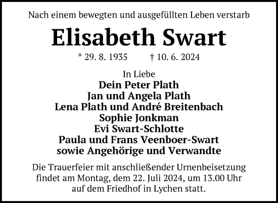 Traueranzeige von Elisabeth Swart von Uckermark Kurier Templiner Zeitung