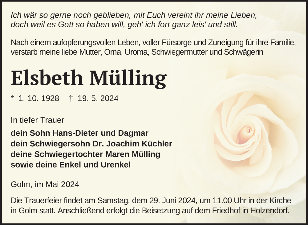  Traueranzeige für Elsbeth Mülling vom 15.06.2024 aus Nordkurier Strelitzer Zeitung