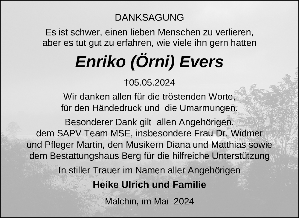  Traueranzeige für Enriko  Evers vom 07.06.2024 aus Nordkurier Mecklenburger Schweiz