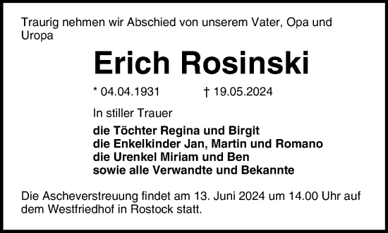 Traueranzeige von Erich Rosinski 