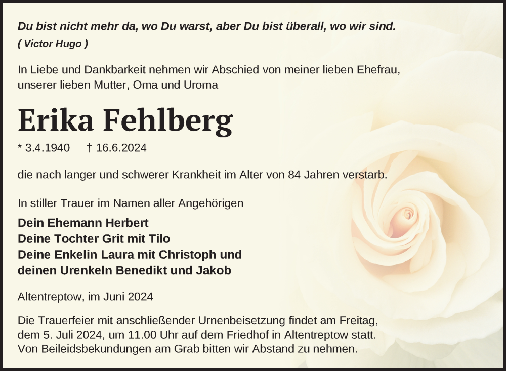  Traueranzeige für Erika Fehlberg vom 21.06.2024 aus Nordkurier Neubrandenburger Zeitung