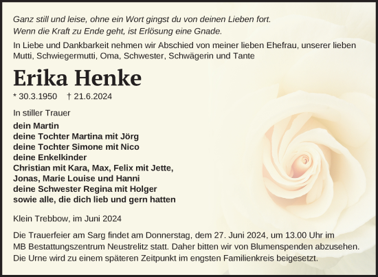 Traueranzeige von Erika Henke von Nordkurier Strelitzer Zeitung