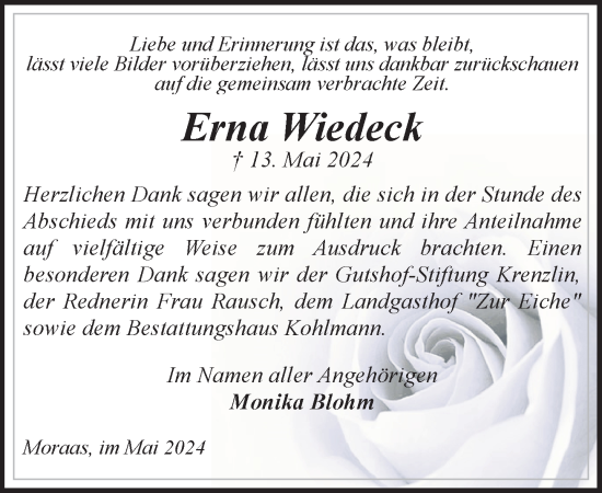 Traueranzeige von Erna Wiedeck 