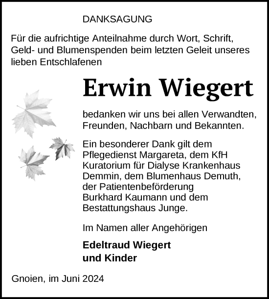 Traueranzeige von Erwin Wiegert von Nordkurier Mecklenburger Schweiz